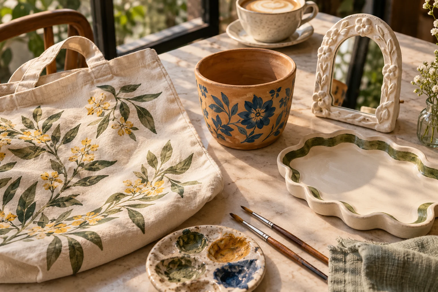 Concept still life of painted totes, pottery, a clay mirror and a decorative tray