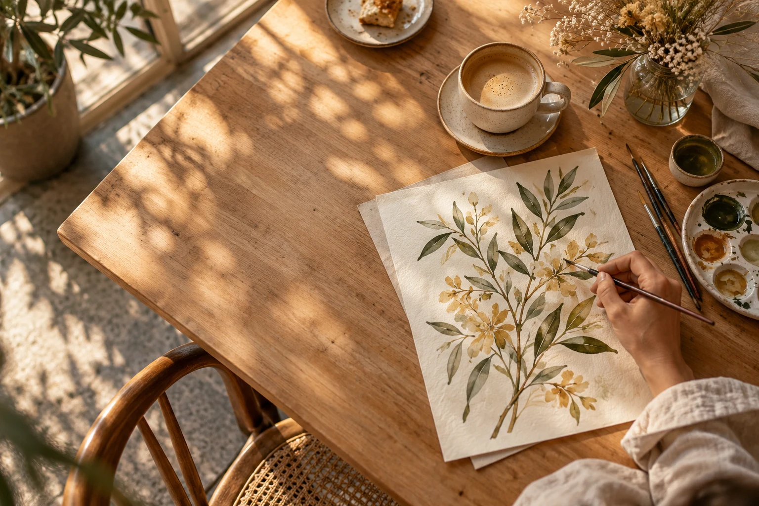 Concept scene of a sunlit café table, coffee and a botanical painting