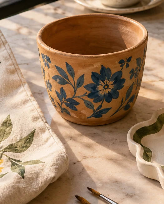 Concept image of painted flowers on a terracotta pot