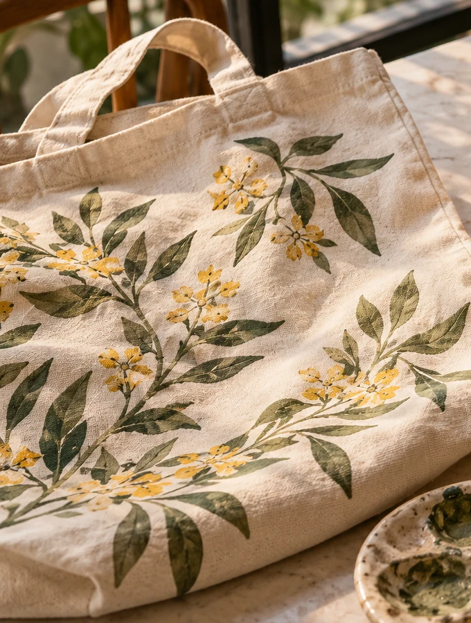 Concept image of a hand-painted botanical tote